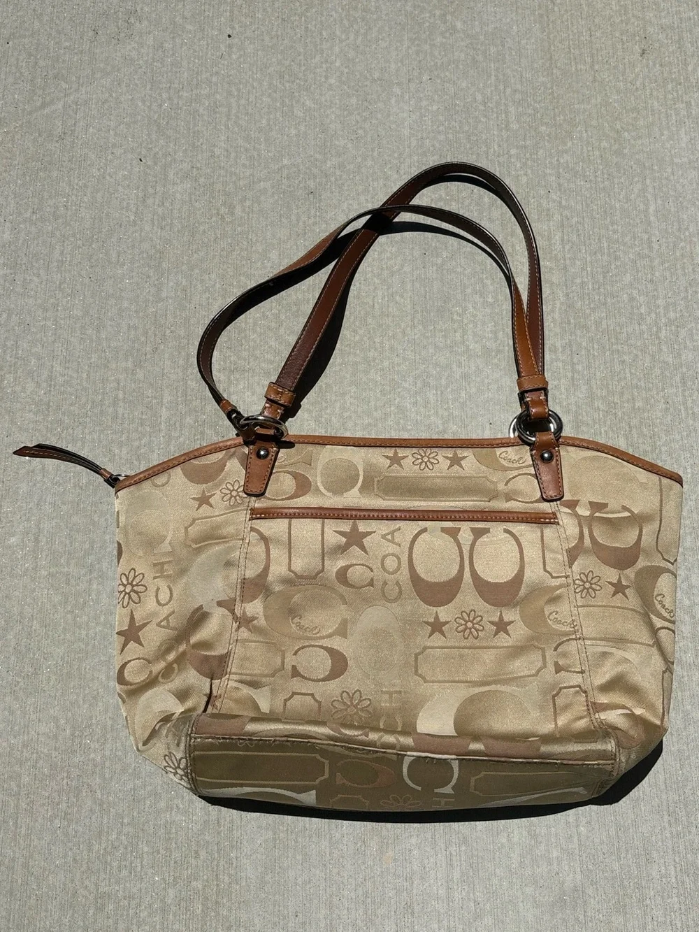 Coach Optic Signature Canvas Tote in Tan/Khaki with Leather Trim